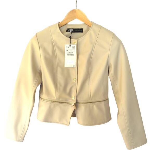 New ZARA Cream Short Cropped Faux Leather Removable Bottom Jacket Women Sz M - Picture 1 of 9